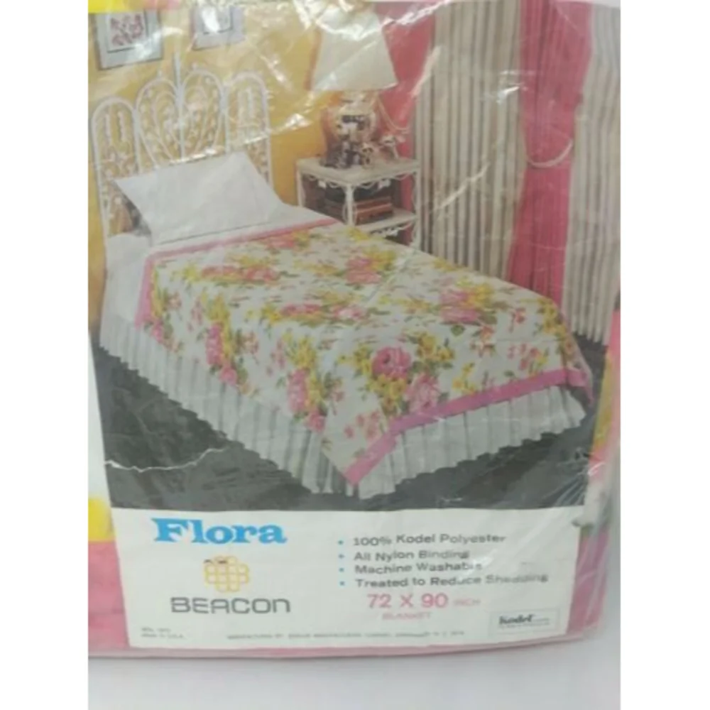 Beacon Flora Pink Yellow Floral Flowers Satin Trim Blanket Twin Size 72 x 90 VTG